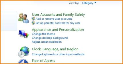 User Account Category in Control Panel