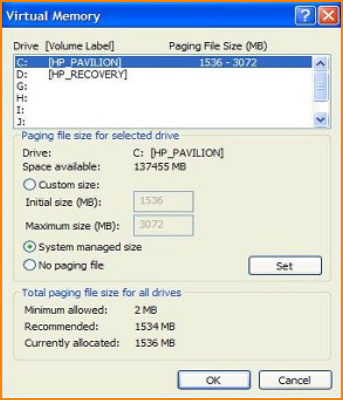 Virtual Memory Options Screen